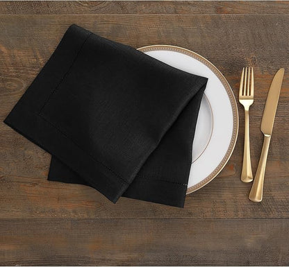 Solino Home Black Linen Napkins Set of 6-100% Pure Linen Hemstitch Dinner Napkins 20 x 20 Inch for Fall, Autumn, Winter, Christmas, Holiday, New Year - Classic Hemstitch