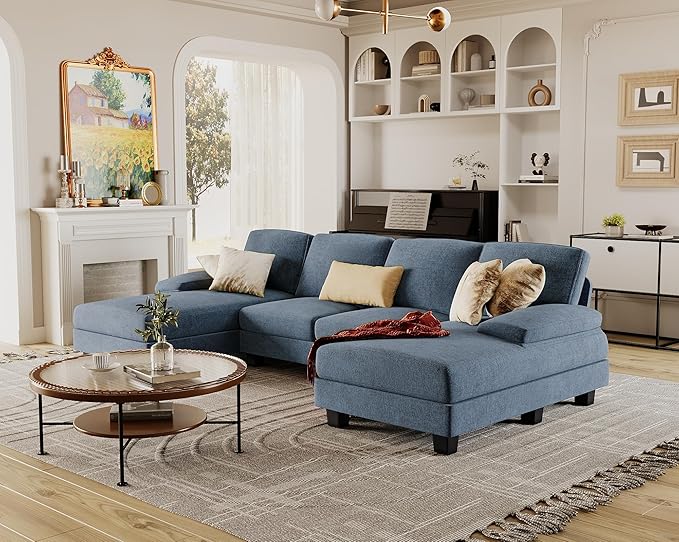 Furmax Sectional Couches for Living Room, U-Shaped Sofa Couch with Linen Fabric, 4 Seat Sofa Set with Double Chaise for Apartment (Fabric, Light Blue)