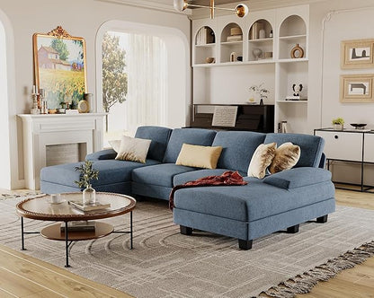 Furmax Sectional Couches for Living Room, U-Shaped Sofa Couch with Linen Fabric, 4 Seat Sofa Set with Double Chaise for Apartment (Fabric, Light Blue)