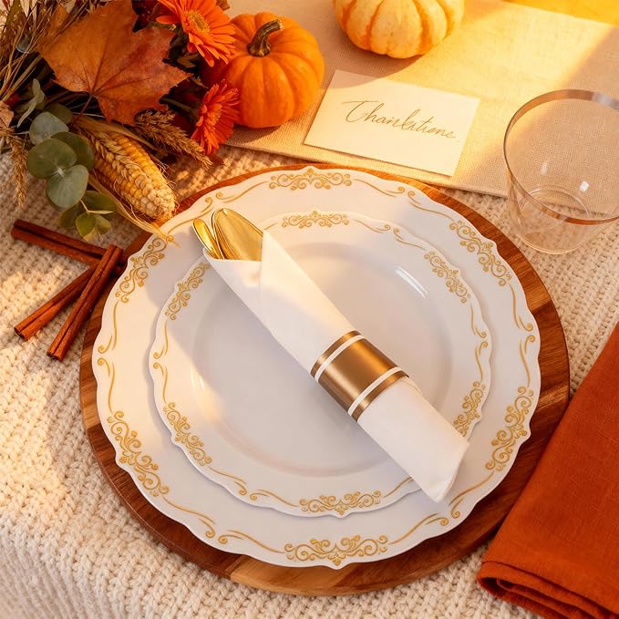 U-QE 100PCS Gold Thanksgiving Plates Disposable - Heavy Duty White and Gold Plates Including 50PCS 10'' Dinner & 50PCS 7.5'' Dessert Plates Perfect for Upscale Party, Wedding