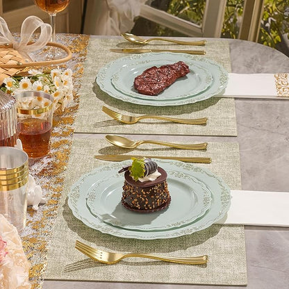 Fijinhom175 PCS Green Disposable Plates, Elegant Dinnerware Set for 25 Guests, 50 Plastic Plates, 75 Silverware, 25 Cups & 25 Paper Napkins, Green