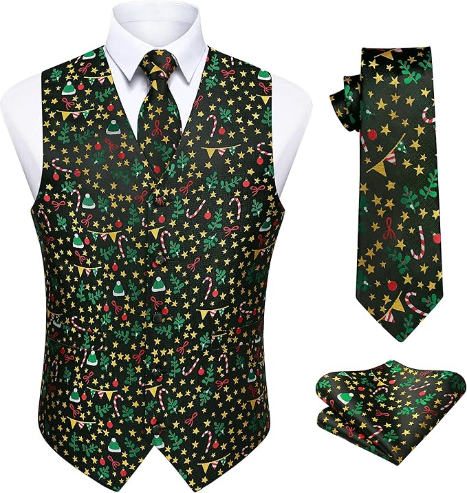 HISDERN Men's Suit Vest Christmas Holiday Season Party Jacquard Waistcoats Necktie Pocket Square Vest Suit Set