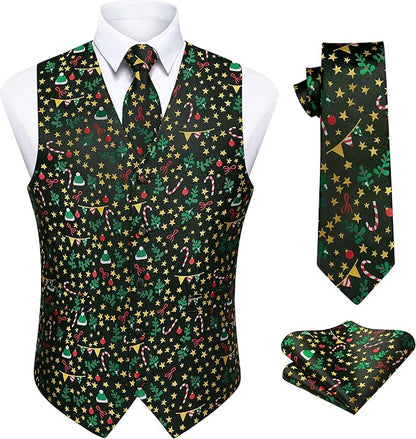 HISDERN Men's Suit Vest Christmas Holiday Season Party Jacquard Waistcoats Necktie Pocket Square Vest Suit Set