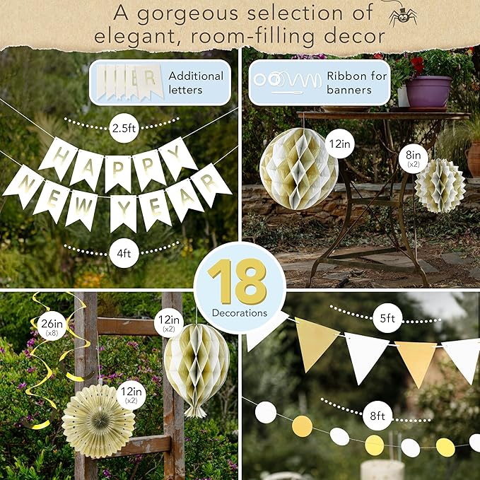 Premium Reusable New Years Decorations 2026 - Multi-occasion Happy New Year Banner also spells Happy Birthday, Fast Assembly with Velcro - NY Eve 2026 Party Supplies / White and Gold Party Decorations