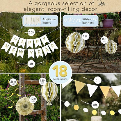 Premium Reusable New Years Decorations 2026 - Multi-occasion Happy New Year Banner also spells Happy Birthday, Fast Assembly with Velcro - NY Eve 2026 Party Supplies / White and Gold Party Decorations
