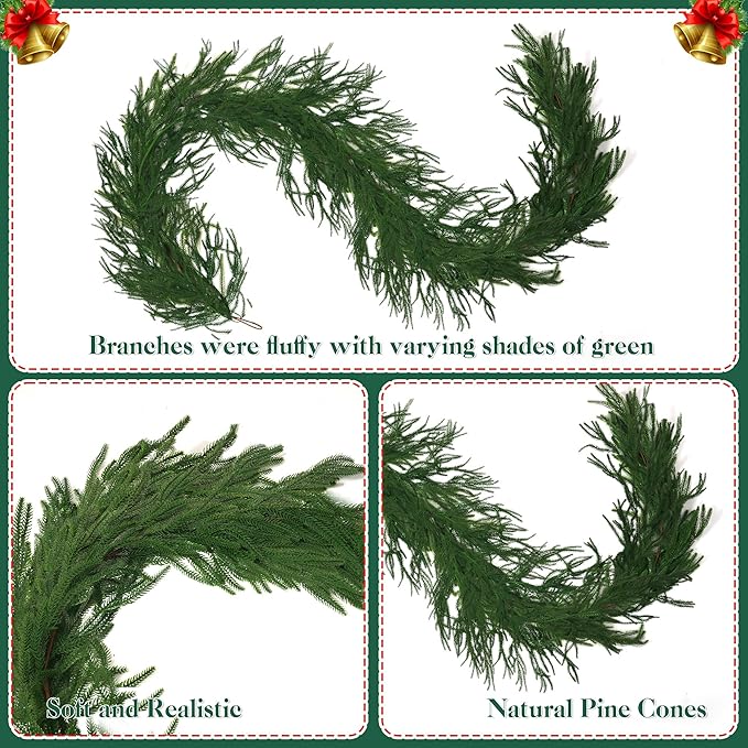 2 PCS-6FT Artificial Norfolk Pine Garlands - Real Touch Winter Pine Garland, Green Artificial Greenery Garland for Table, Mantle, Wall, Indoor, Outdoor Christmas Decorations