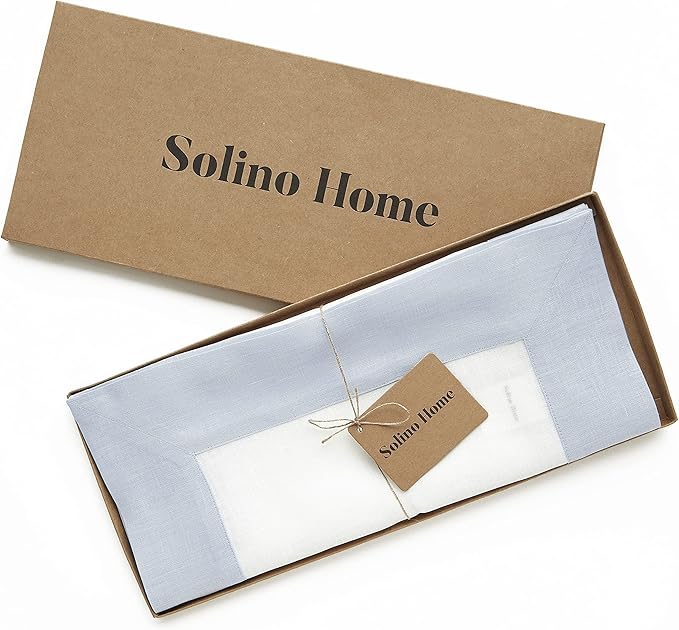 Solino Home Linen Table Runner 36 Inches - 100% Pure Linen Light Blue and White Table Runner 14 x 36 Inch Ideal for Dresser and Coffee Tables, Christmas, New Year - Contempo