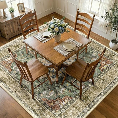 Area Rugs Square 8ft Washable Non-Slip, Floral Vintage Distress Print Pattern Medallion Carpet for Living Room Bedroom Dining Room, Brick Red Rust Neutral Brown Burnt Orange Green