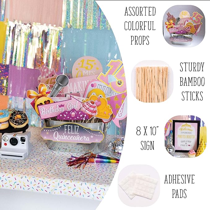 Quinceanera Photo Booth Props - 41-pc Photobooth Kit with 8 x 10-Inch Sign, 60 Adhesive Pads, 45 Sticks - Sweet 15 Photo Booth Props - Decoracion para 15 Años Quinceañeras
