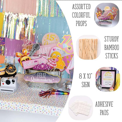 Quinceanera Photo Booth Props - 41-pc Photobooth Kit with 8 x 10-Inch Sign, 60 Adhesive Pads, 45 Sticks - Sweet 15 Photo Booth Props - Decoracion para 15 Años Quinceañeras