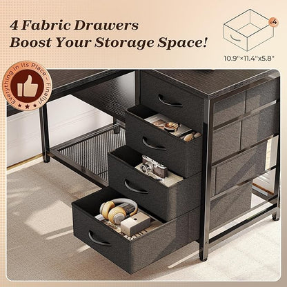 PRAISUN 43.3" Small Computer Desk with Power Outlets and USB-C Port, Reversible L Shaped Corner Office Desk with 4 Fabric Drawers and 2 Height-Adjustable Shelves, for Gaming Writing, Black