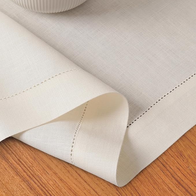 D'Moksha Homes Linen Ivory Table Runner 84 Inches Long - 100% Pure Linen Table Runner 14 x 84 Inch for Winter, Christmas, Holiday - Classic Hemstitch