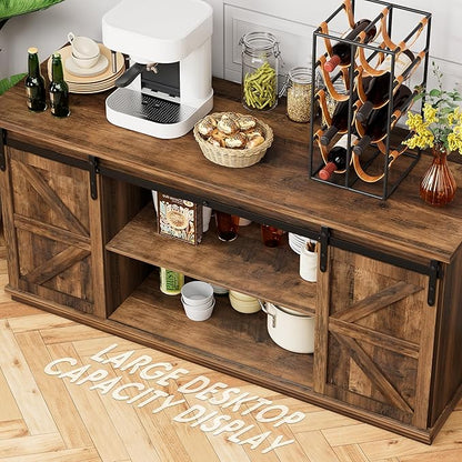 Shahoo Farmhouse Sideboard Buffet Cabinet, Coffee Bar Storage with Sliding Barn Doors, Shelf for Home Dining Room, Barnwood