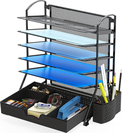 Simple Houseware 6-Tier Desk Document File Tray Organizer with Supplies Sliding Drawer, Black