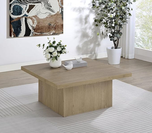 Coaster Home Furnishings - Devar - Wood - Square Coffee Table with Plinth Base, Geometric Design and Transitional Style - Living Room - Latte - 710918