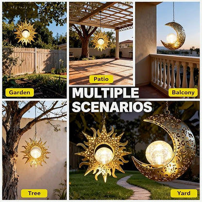 Solar Hanging Sun & Moon Lights Set for Outside,2 Pack Metal Lanterns Pierced Carving Soothing Lamp, Large Decorations for Yard Garden Patio Proch Tree Wall, Christmas Gifts for Women Mom
