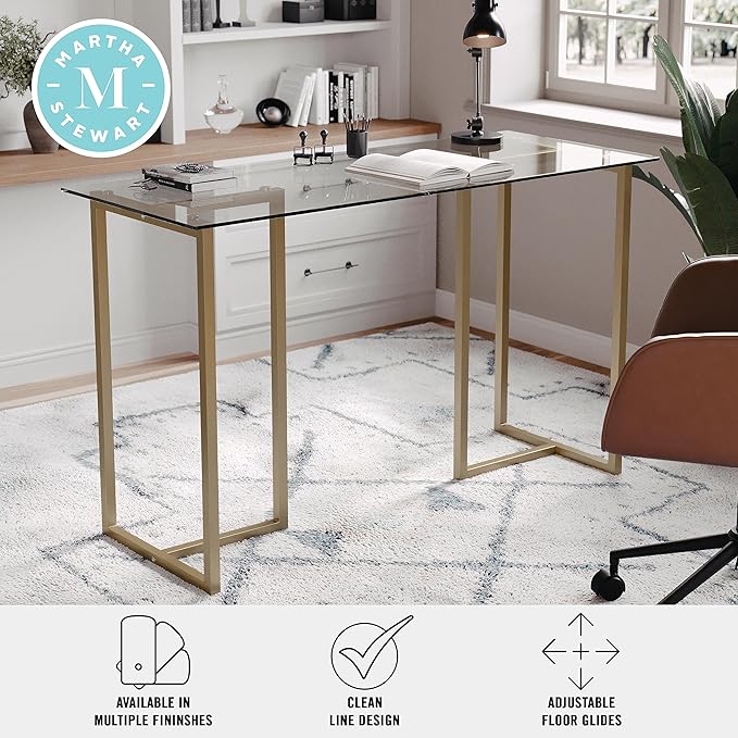 Martha Stewart Eli Home Office Desk with Glass Top and Steel Frame, Polished Brass