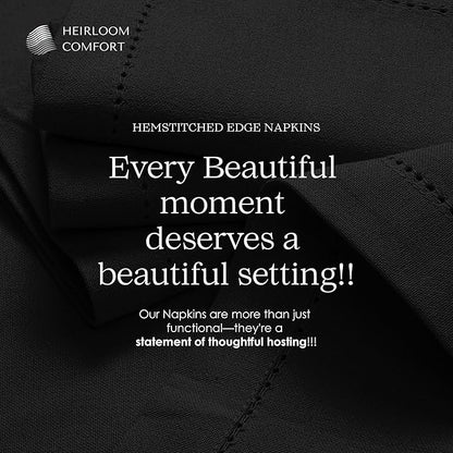 Black Cloth Napkins Set of 6, 18 x 18 Inch - 100% Cotton, Soft, Durable, Absorbent, Reusable, Washable - Hemstitch Mitered Edges - Ideal for Dinner, Weddings, Formal Events, Everyday