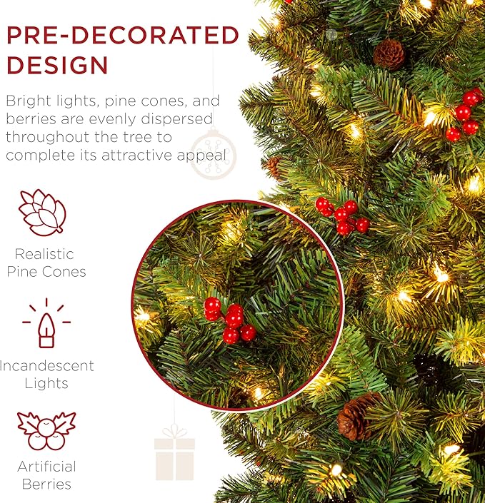 Best Choice Products 6ft Pre-Lit Spruce Pencil Christmas Tree Pre-Decorated for Home, Office, Party, Holiday Decoration w/ 618 Tips, 250 Lights, Pine Cones, Metal Hinges & Base - Green