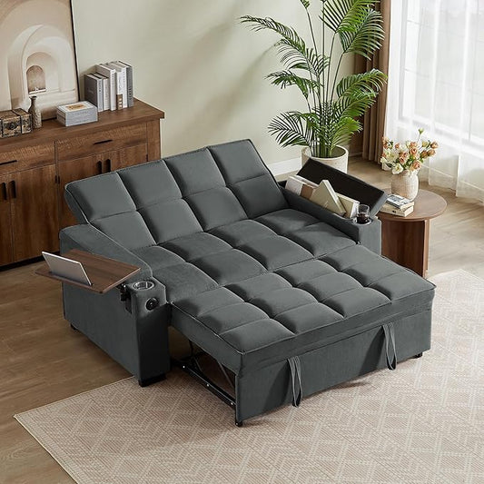 66" Multi-Functional Pull-Out Sofa Bed with Hidden Side Table, Storage Armrests, Built-in Charging Port, Spring Mattress, Solid Wood Frame – Ideal for Small Spaces, Easy Assembly