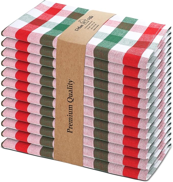 Urban Villa Cloth Napkins Set of 12 20x20 Inches 100% Cotton Napkins Cloth Washable Durable Reusable Absorbent Table Dinner Napkins Cloth for Christmas Hotel Lunch Restaurant Parties -X MAS Checks