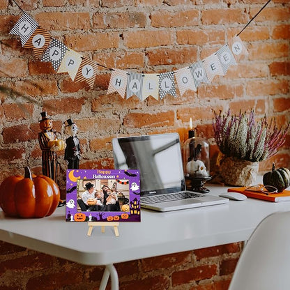 Halloween Picture Frame, 4×6 Pumpkin Wooden Photo Frame for Home Decor Tabletop Display, Cute Ghost Gifts for Family Friends - A02