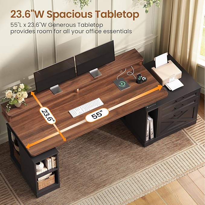 SEDETA Farmhouse Electric Standing Desk, 55" Height Adjustable Computer Desk with 3 Drawers, File Cabinet, Storage Shelves, Power Outlets, Wood Home Office Desk for Work, Study, Writing, Black