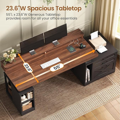 SEDETA Farmhouse Electric Standing Desk, 55" Height Adjustable Computer Desk with 3 Drawers, File Cabinet, Storage Shelves, Power Outlets, Wood Home Office Desk for Work, Study, Writing, Black