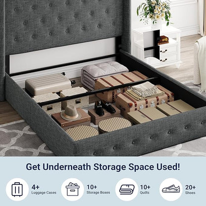Allewie Queen Size Lift Up Storage Bed, Button Tufted Headboard with Wingback, Hydraulic Support, No Box Spring Needed, Dark Grey