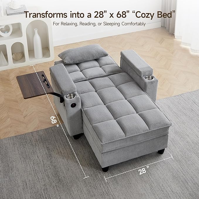 41.7" Oversized Chaise Lounge Chair Indoor, Boucle Upholstered Sofa Bed with Adjustable Backrest, Deep Seat Reading Chair, Sofas Couches for Living Room, Storage, Cup Holders & 360° Swivel Side Table