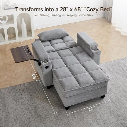 41.7" Oversized Chaise Lounge Chair Indoor, Boucle Upholstered Sofa Bed with Adjustable Backrest, Deep Seat Reading Chair, Sofas Couches for Living Room, Storage, Cup Holders & 360° Swivel Side Table