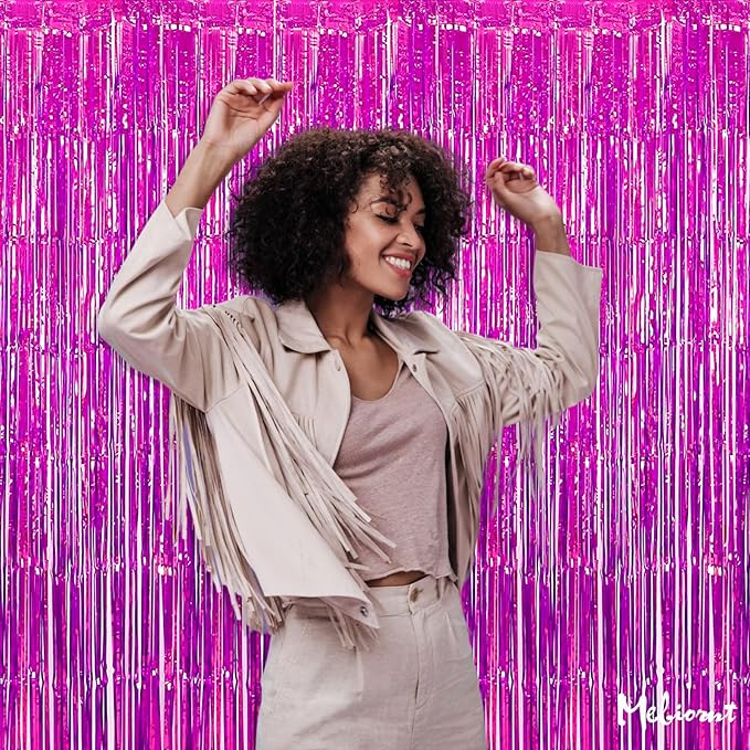 4 Pack Fuchsia Fringe Curtain Backdrop, 3.2Ft x 8.2Ft Metallic Tinsel Foil Fringe Streamers Background for Photo Booth Birthday Wedding Baby Shower Carnival Easter Mother’s Day Party Decorations