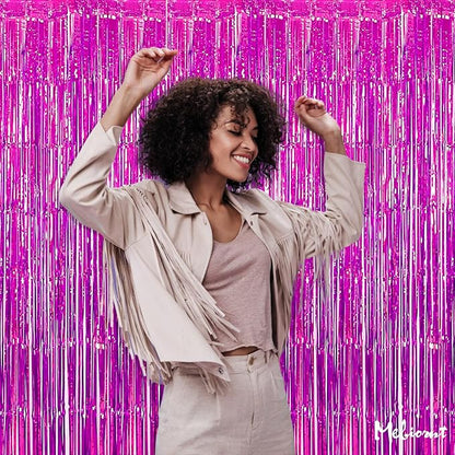 4 Pack Fuchsia Fringe Curtain Backdrop, 3.2Ft x 8.2Ft Metallic Tinsel Foil Fringe Streamers Background for Photo Booth Birthday Wedding Baby Shower Carnival Easter Mother’s Day Party Decorations