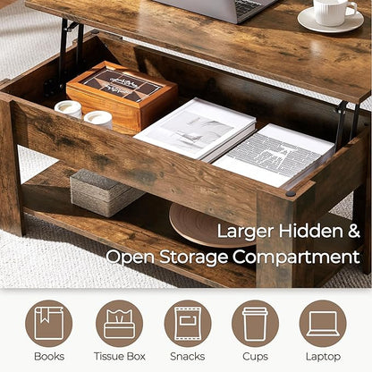 Yaheetech Coffee Table, Lift Top Coffee Table with Large Hidden Storage Shelf, Lift Tabletop Dining Table for Living Room, Home Small Space, 38.6in, Rustic Brown