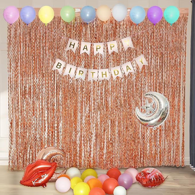 4 Pack Rose Gold Birthday Decorations - 3.3x6.6ft Wavy Tinsel Foil Party Streamer Party Supplies Background