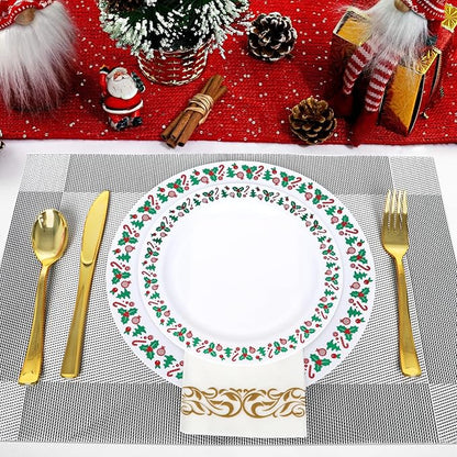 175pcs Christmas Party Supplies - 25 Plastic Plates, 25 Gold & Silver Disposable Plastic Silverware, Clear Gold Cups for Christmas