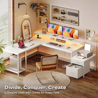 PRAISUN 66" L Shaped Gaming Desk with LED Lights & Power Outlets, Computer Desk with Fabric Drawers and Print Stand, Corner Office Desk, Monitor Stand, Mesh CPU Stand, White