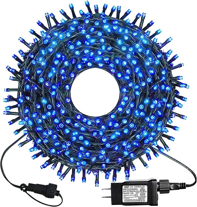 kemooie 300 LED Outdoor Christmas Lights, 99FT 8 Twinkle Modes Green Wire Fairy String Lights for Indoor Outdoor Christmas Tree Lights Wedding Party Decorations(Blue)