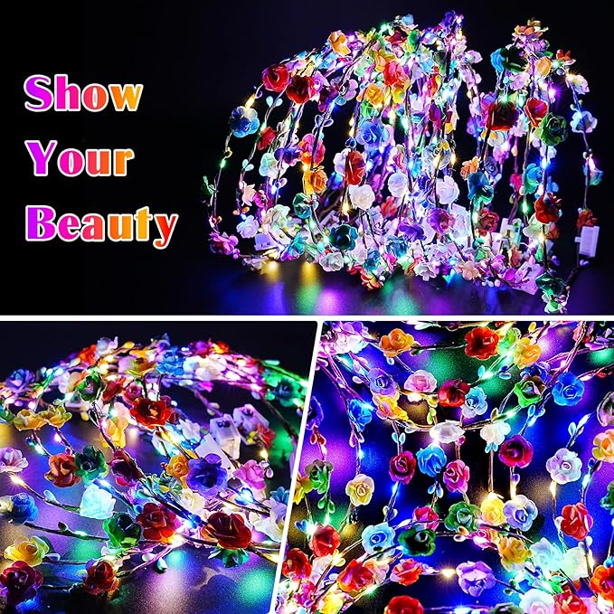100 PCS LED Flower Crowns Headbands, Light Up Flower Crowns For Women, Glow in the Dark Headband for Wedding Reception Birthday Christmas Mardi Gras Cosplay Princess Party Favors