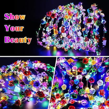 100 PCS LED Flower Crowns Headbands, Light Up Flower Crowns For Women, Glow in the Dark Headband for Wedding Reception Birthday Christmas Mardi Gras Cosplay Princess Party Favors