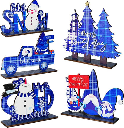 NEROSUN 5 PCS Christmas Table Centerpiece Decorations, Wooden Xmas Snowman Santa Claus Gnome Table Decorations Signs, Merry Christmas Table Toppers for Holiday Home Party Indoor Decor (Blue)
