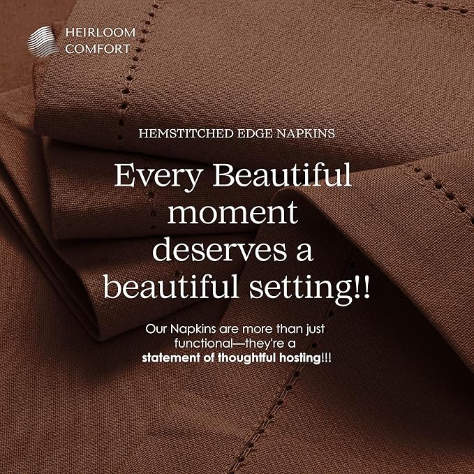 Brown Cloth Napkins 18x18 Inch, Set of 6-100% Cotton, Soft, Absorbent, Reusable & Washable Napkin with Hemstitch Mitered Edges - Ideal for Rustic Weddings, Farmhouse Dining, Dinner