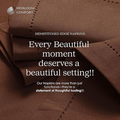 Brown Cloth Napkins 18x18 Inch, Set of 6-100% Cotton, Soft, Absorbent, Reusable & Washable Napkin with Hemstitch Mitered Edges - Ideal for Rustic Weddings, Farmhouse Dining, Dinner