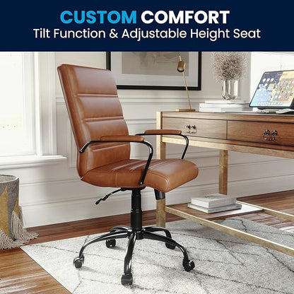 Flash Furniture Whitney Mid-Back Desk Chair - Brown LeatherSoft Executive Swivel Office Chair with Black Frame - Swivel Arm Chair