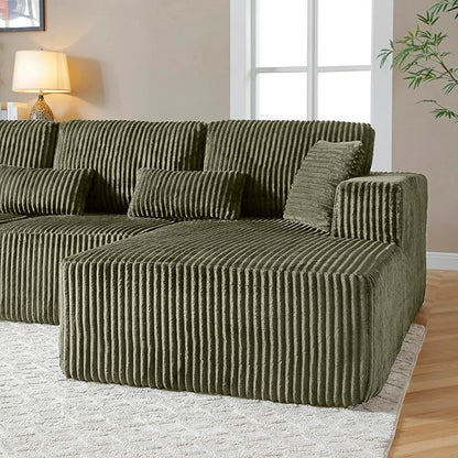 L Shaped Modular Boneless Sectional Couches for Living Room, Wide Armrest, Deep Seat, Memory Foam, Assembly Free, Modern Comfy Corduroy Fluffy Cloud Sofa with Right Chaise, Green