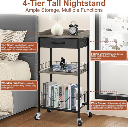4-Tier Tall Side Table with Optional Wheels, Narrow End Table with Drawer and Shelves, 30" High Small Storage Table for Living Room, Bedroom, Bathroom, Black & Grey