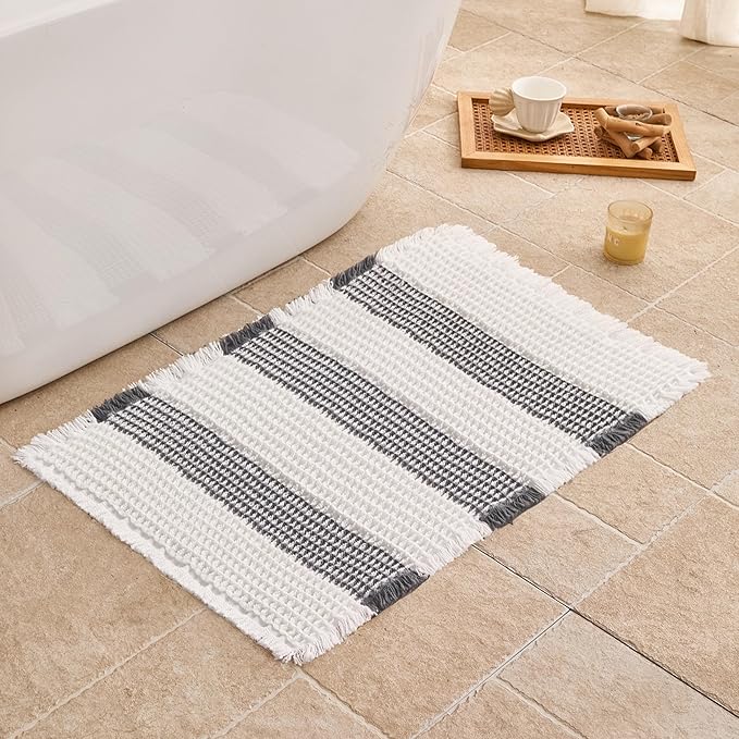 Waffle Bath Mat Non Slip, Boho Bathroom Rug, Super Absorbent Quick Dry Bathroom Mat, Soft Farmhouse Bath Rug with Tassels, Small Washable Shower Mats for Floor 16"x24", White and Grey