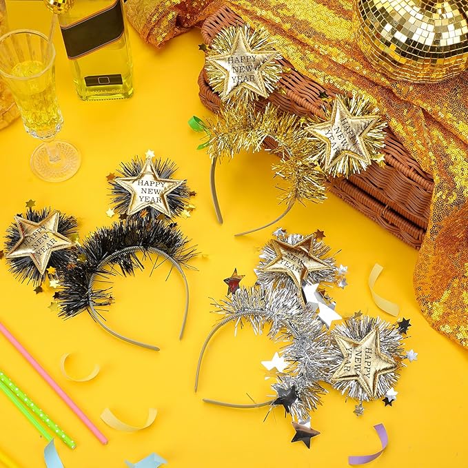 6 Pcs 2026 Happy New Year Headband with Star Boppers Headdresses Black Gold Silver Headdresses for New Year's Eve Party Supplies Holiday Supplies
