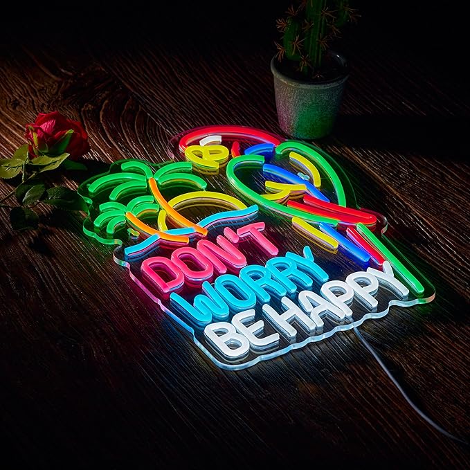 Don't Worry Be Happy Neon Sign for Wall Décor Dimmable USB Beer Bar LED Neon Light Compatible With Timer for Tiki Bar Decor Man Cave Parties Gift