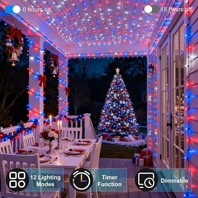 240FT 750LED Christmas Lights,12 Modes Red Blue and White Outdoor String Lights with Timer Dimmable, Waterproof Green Wire Christmas String Lights for Indoor Tree Xmas Patio Fence Wedding Party Decor